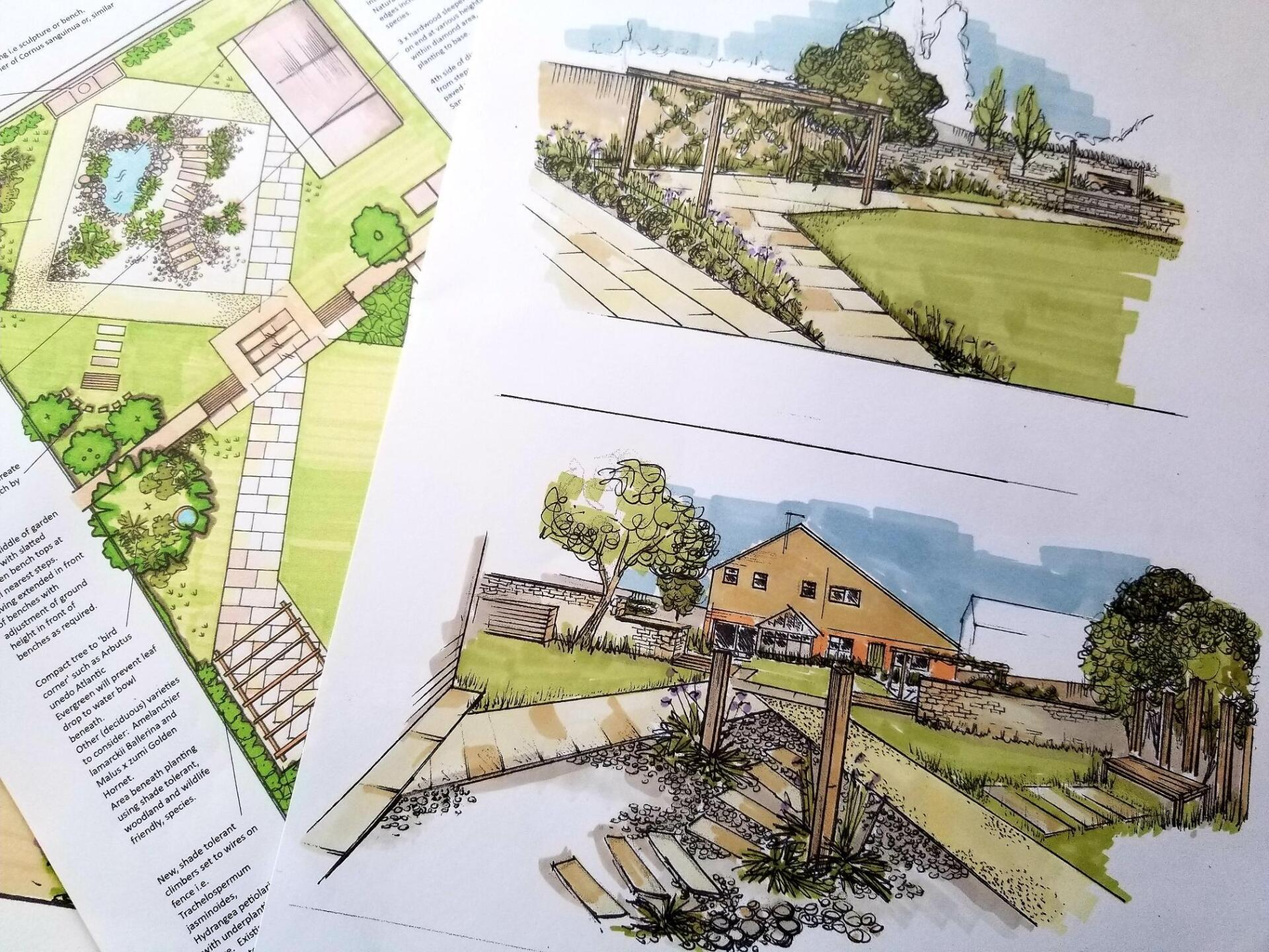 Hand drawn, bespoke garden designs, plans and technical drawings.
