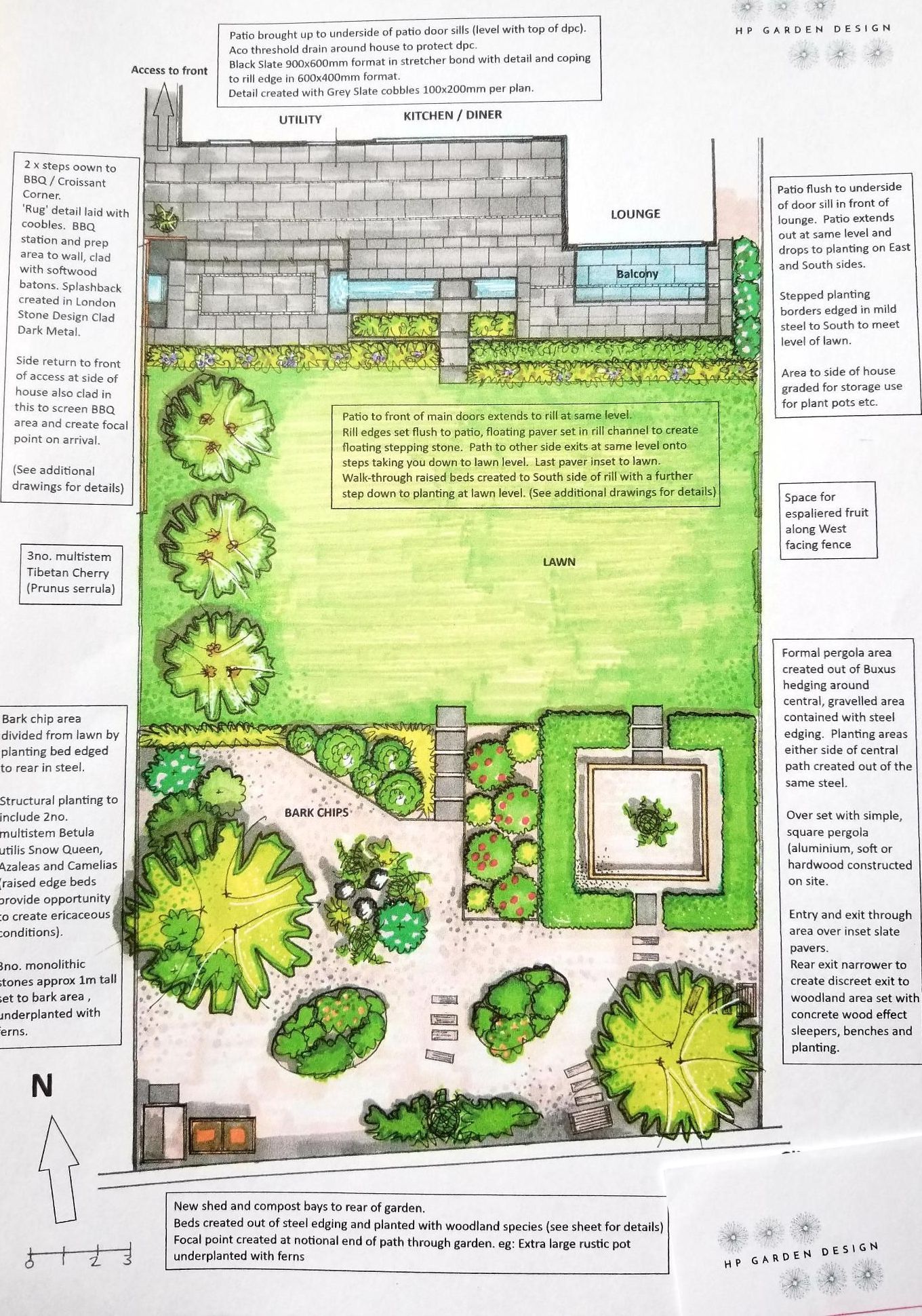 Hand drawn, bespoke garden designs, plans and technical drawings.