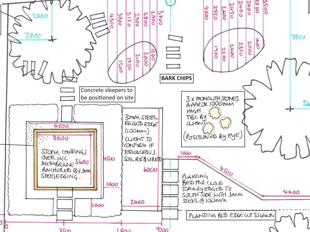 Hand drawn, bespoke garden designs, plans and technical drawings.