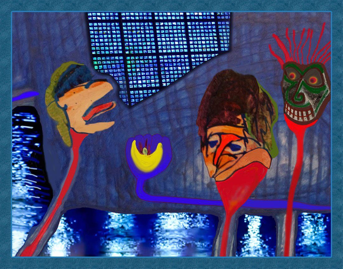 Köpfe aus Alechinskys Bildern treffen sich an einem geheimen Ort