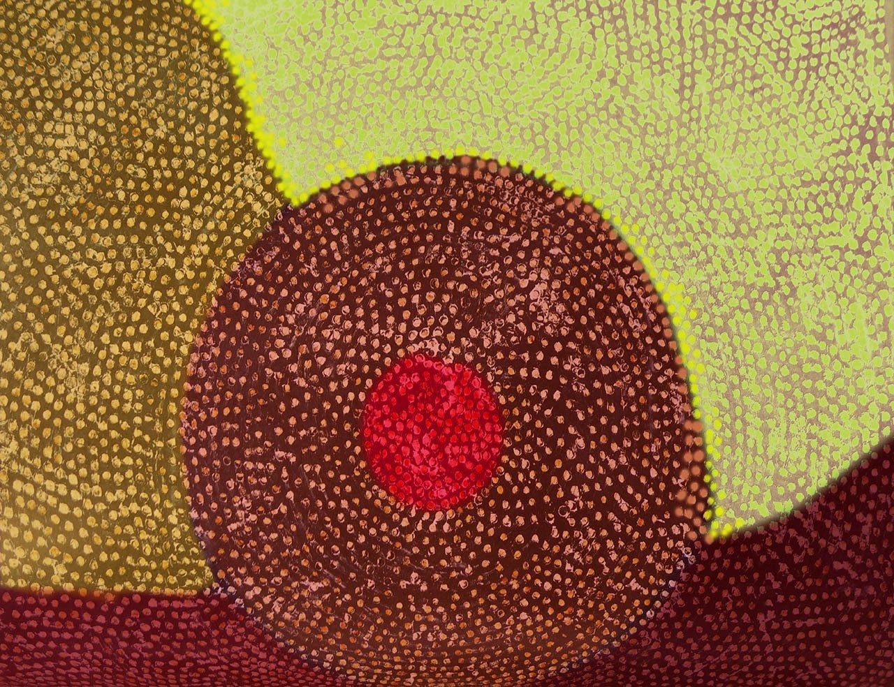 Abstrakte Komposition mit Kreis in farbigen Tupfern nach Ross Bleckner