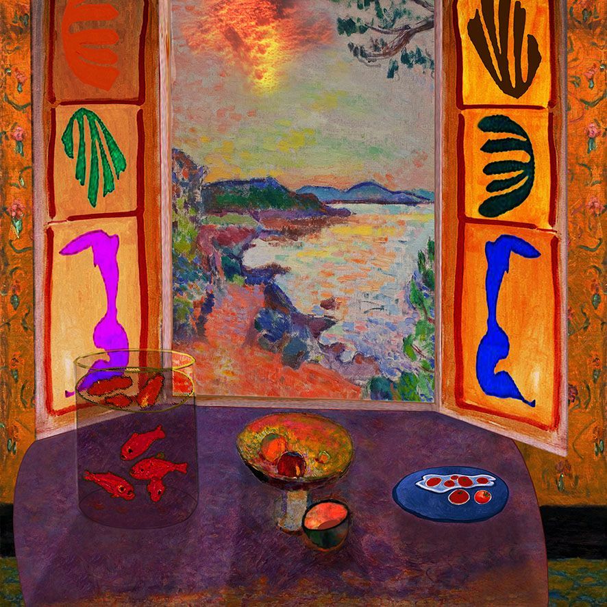 Aus Motiven von Bonnard, Matisse und eigener Malerei entstand ein neues Bildmotiv mit Blick aus einem Zimmer auf einen Meeresabschnitt