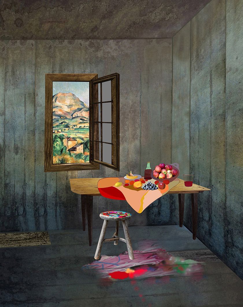 Fiktive Atelier-Situation bei Cézanne mit Blick auf seinen geliebten Berg Saint Victoire.