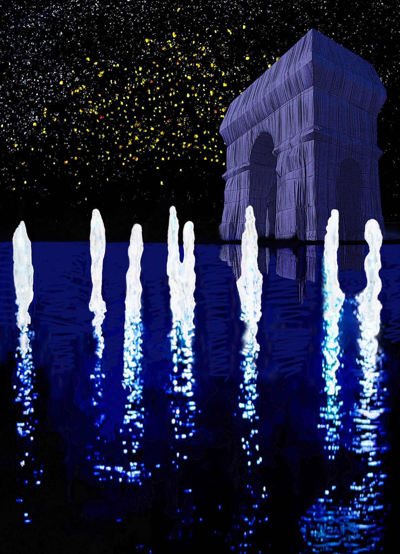 Nächtlicher Arc de Triomphe nach Christo in fremder Umgebung mit- Wasserspiegelung