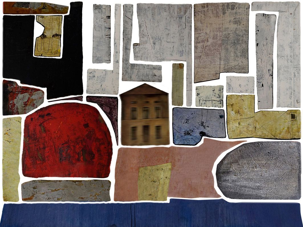 Ein Bild von HJ Beck in seine Bestandteile zerlegt. Das abgewandelte Hausmotiv in der Bildmitte entstand nach Martin Lauterburg.