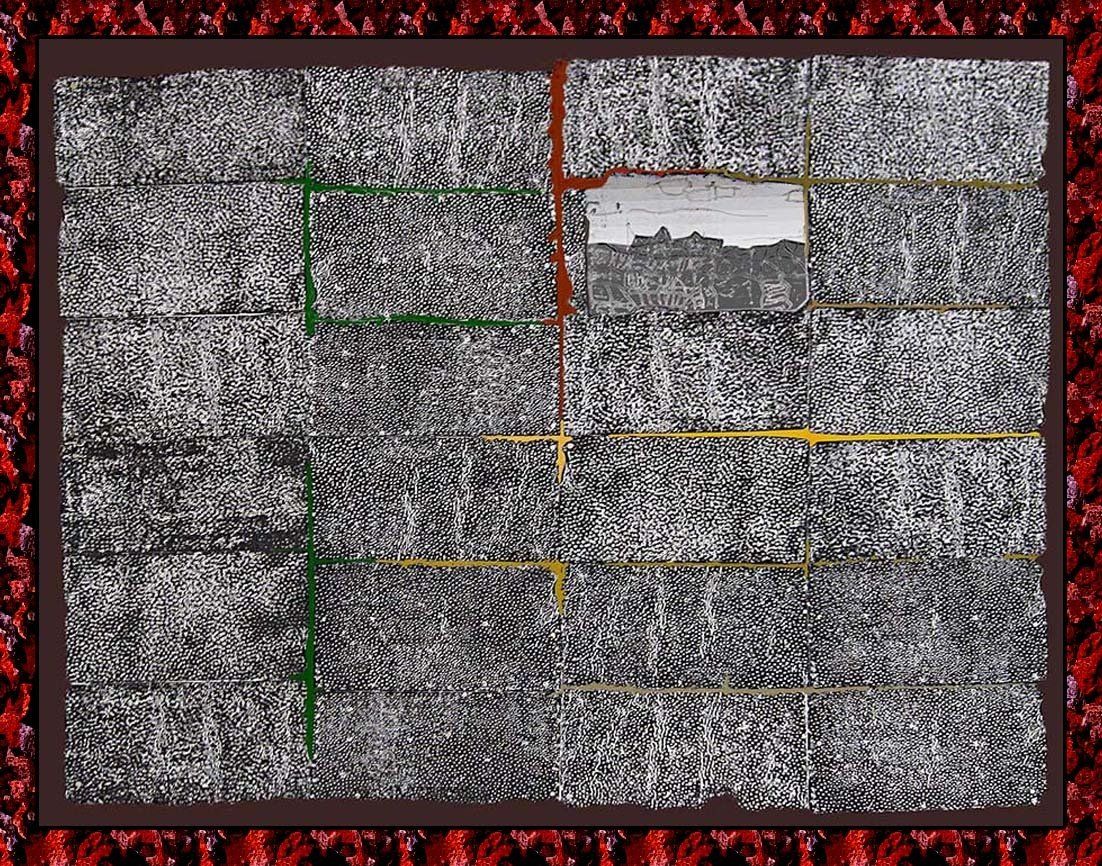 24 etwa gleichgroße grauschwarz gezeichnete Felder, davon1 mit einem angedeutetem Stadtpanorama