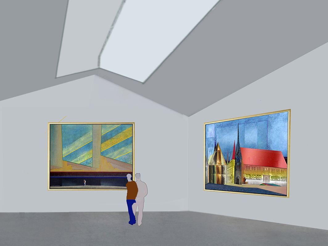 Fiktiver Ausstellungsraum mit 2 Bildern, die nach Feininger aussehen.