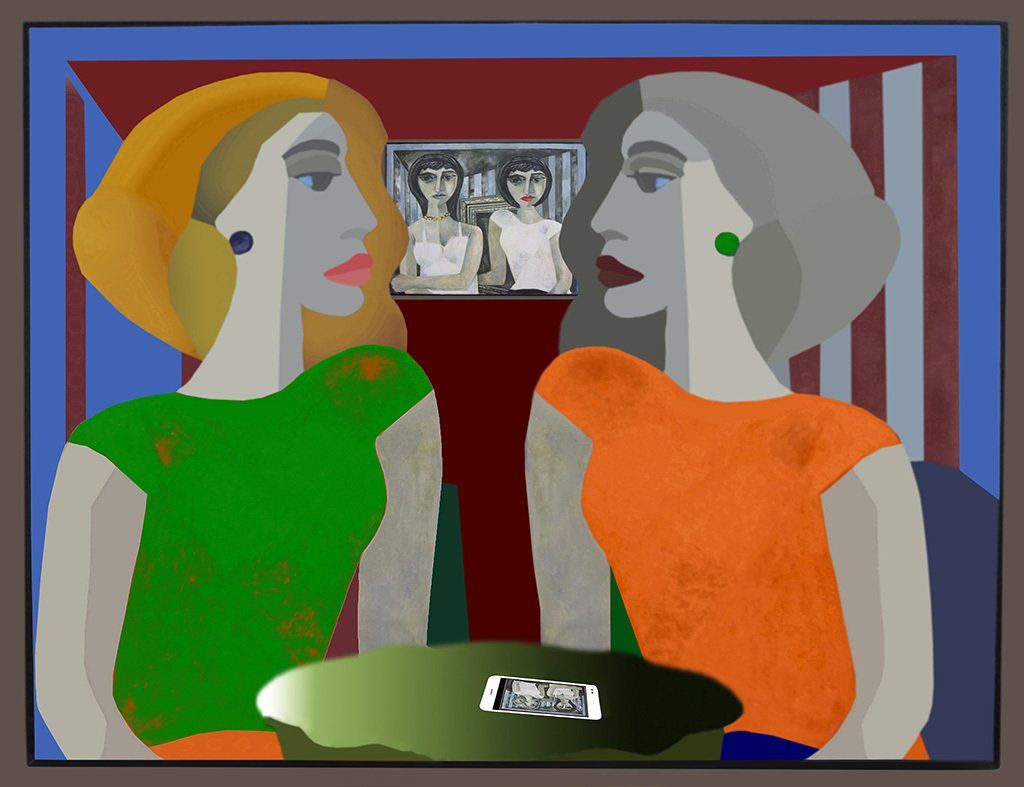 2 fast identische Ladies einander zugewendet im Vordergrund, 2 fast identische Ladies auf einem Bild im Hintergrund