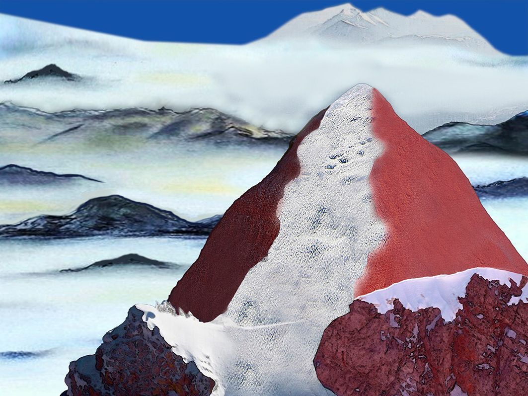 Fiktive Winter-Landschaft mit rotem Berg Roter Berg in winterlicher Landschaft