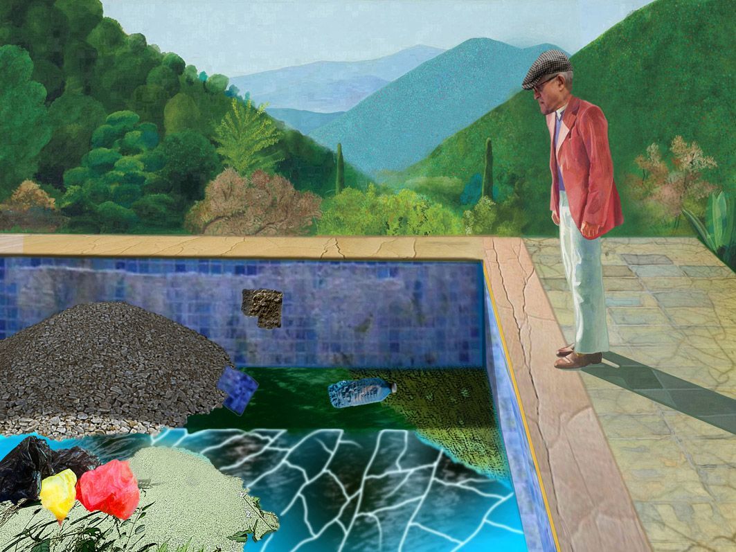 Das Original hat Hockney 1972 gemalt - in meiner Verfremdung blickt der gealterte Hockney auf den heutigen Zustand.
