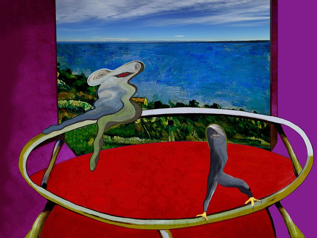 Zwei Künstlern nachempfunden und jetzt in einem neuen Werk vereint - weite Wasserlandschaft mit zwei skurrilen Figurinen, platziert auf großem Ring mit 4 Stützen.