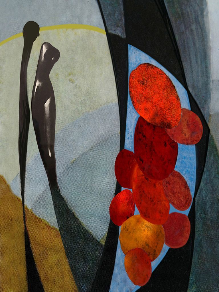 Eine abstrakte Bildkomposition, wobei zwei Bogenelemente in Figurinen enden - die eine weiblich, die andere männlich.