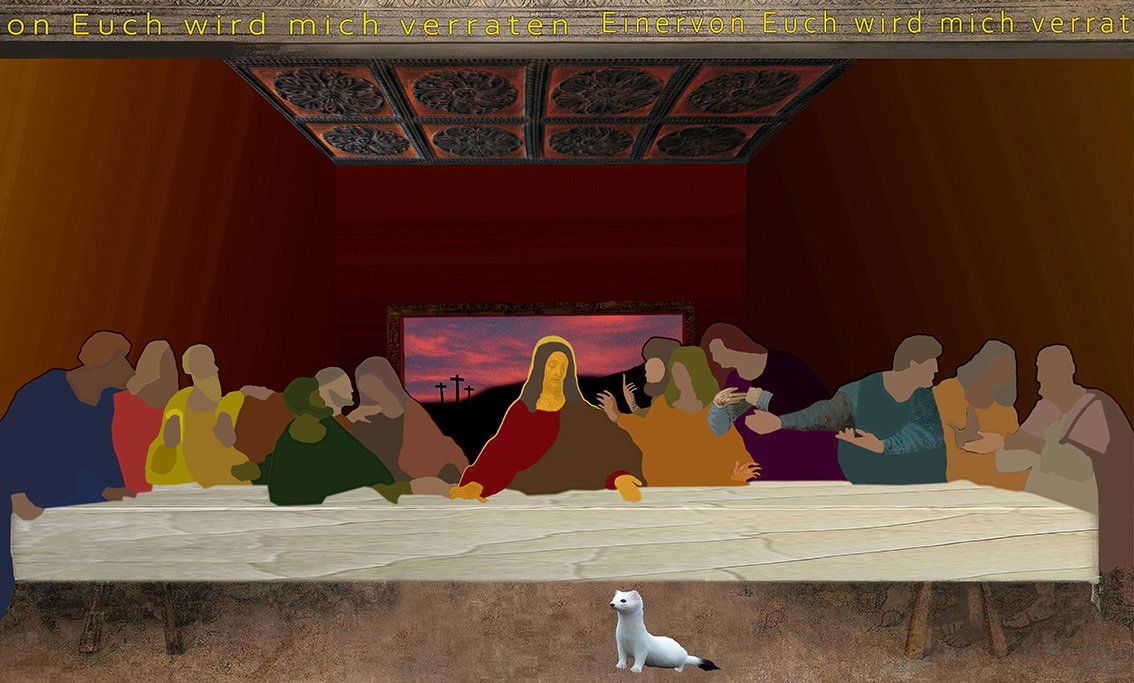 Leonardos Letztes Abendmahl stilisiert mit weißem Hermelin und Golgatha mit drei Kreuzen im Hintergrund