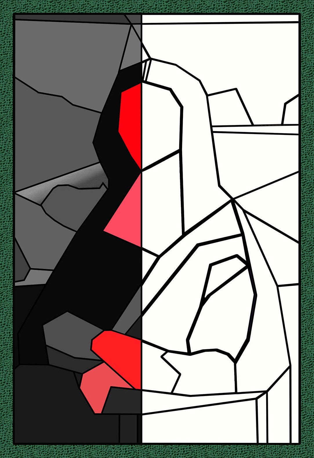 Mona Lisa - halbseitig 2farbig rot-schwarz, andere Hälfte schwarz-weiß