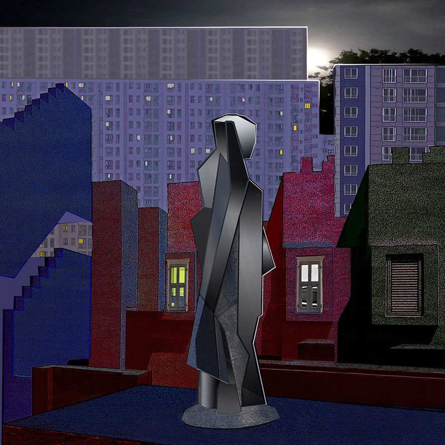 Eine Stadtlandschaft im Mondlicht mit einer Großplastik, die Jacques Lipchitz nachempfunden ist