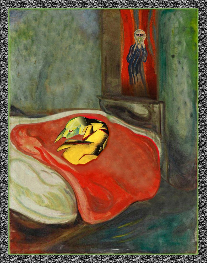 Ein Hund im Stil von Franz Marc auf roter Bettdecke in einem Raum à la Munch