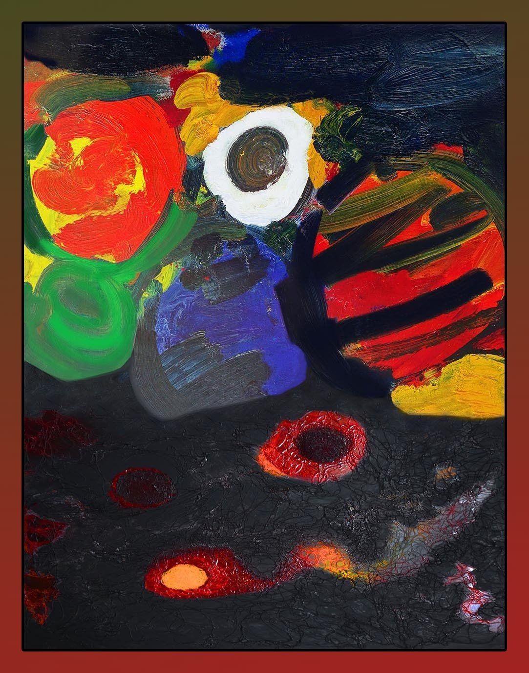 Abstraktes Bild mit kreisförmigen Elementen nach E. W. Nay und Hans-D. Pfundtner