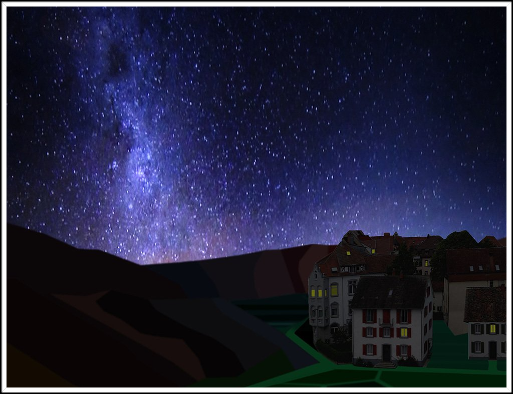 Sternenhimmel über Häuser-Ensemble mit einzeln erleuchteten Fenstern - alles vor hügeligem Hintergrund