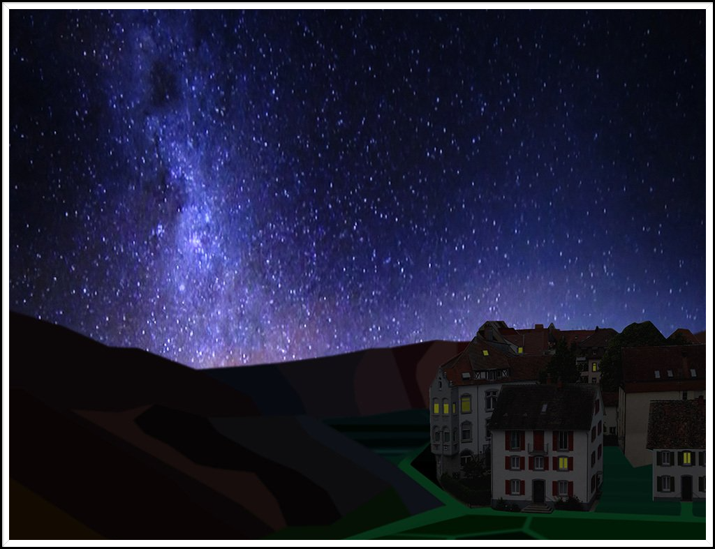 Was für eine Sternennacht. Sternenhimmel über Häuser-Ensemble mit einzeln erleuchteten Fenstern - alles vor hügeligem Hintergrund