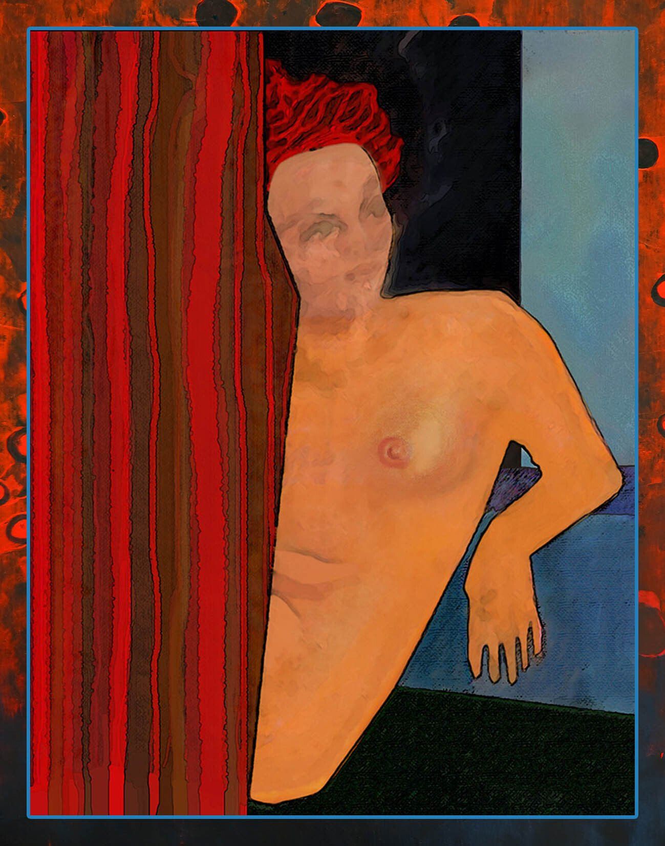 Stilisierter weiblicher Akt, hälftig von einem Vorhang verdeckt