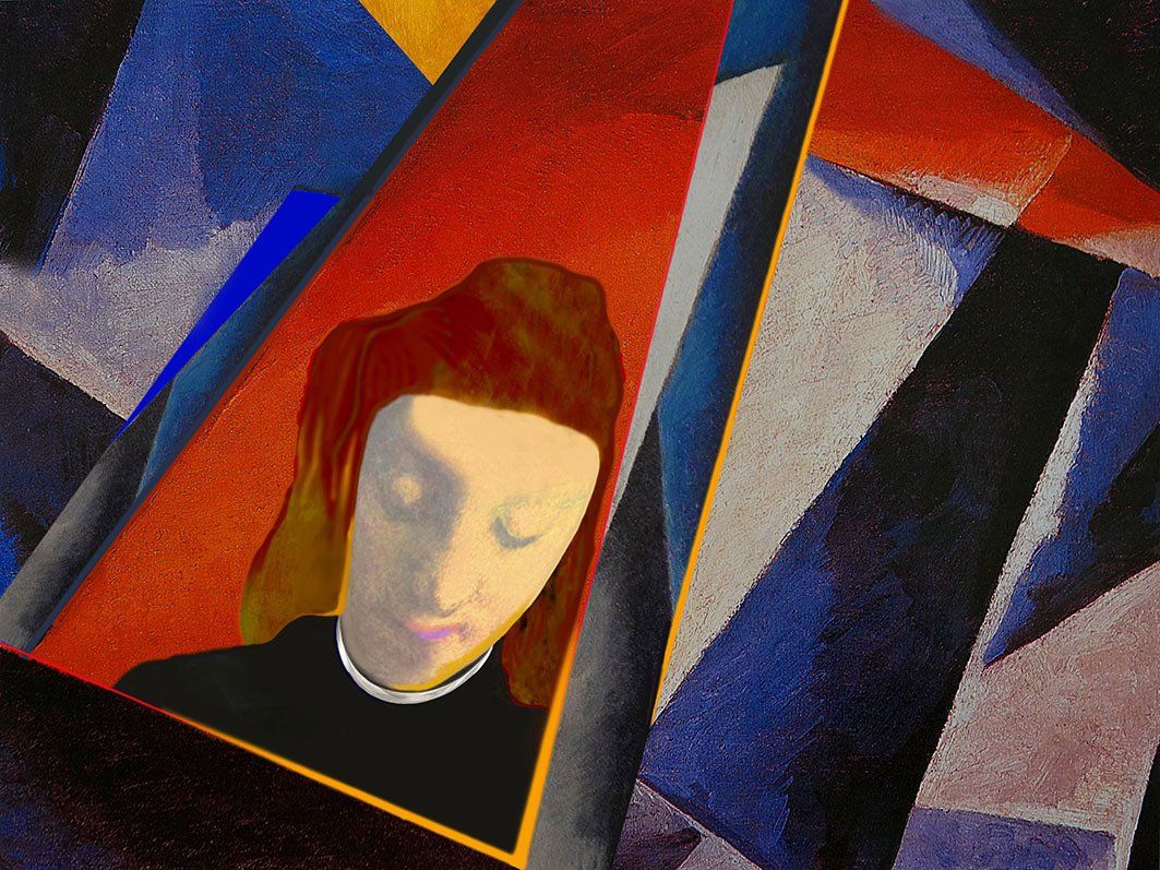 Arrangement mit Bildelementen von Ljubov Popova und Madonnenkopf nach Raffael