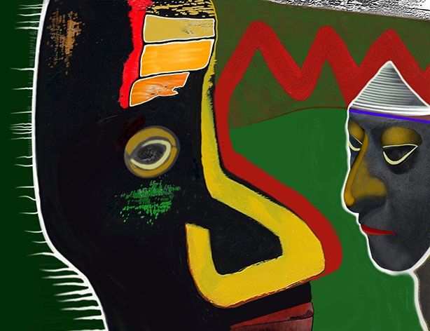 2 Masken sich gegenseitig musternd