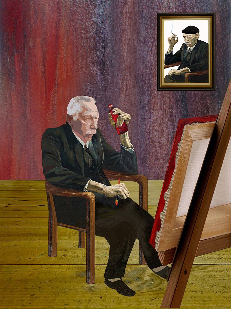 An Schlichter orientiert sitzt ein Maler vor seiner Leinwand; im Hintergrund an der Wand hängt ein ähnliches, bereits fertiges Portrait mit Zigarette.