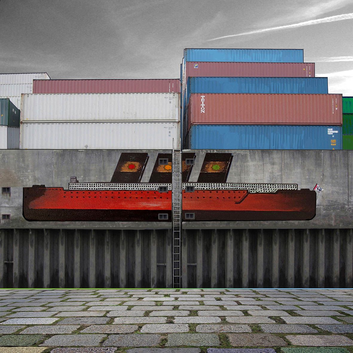 Stilisiertes Schiff nach Yves Tanguy als Dekoration auf einer Betonwand.