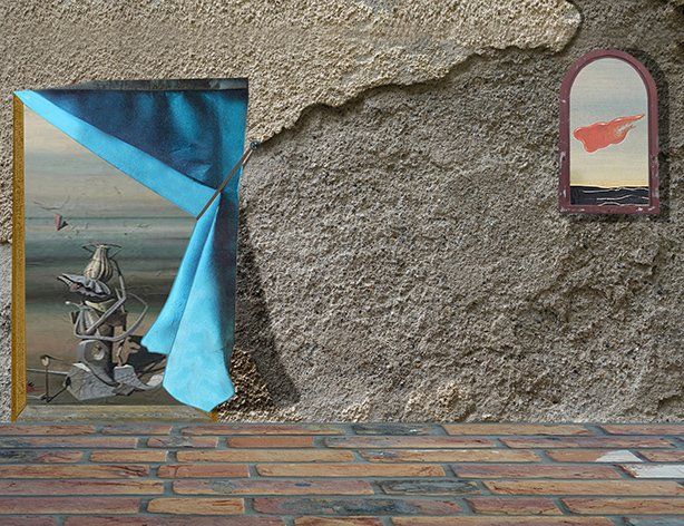 Kellerraum, Türöffnung mit Vorhang, Fenster - 2 Teilansichten von Yves Tanguy -Bildern