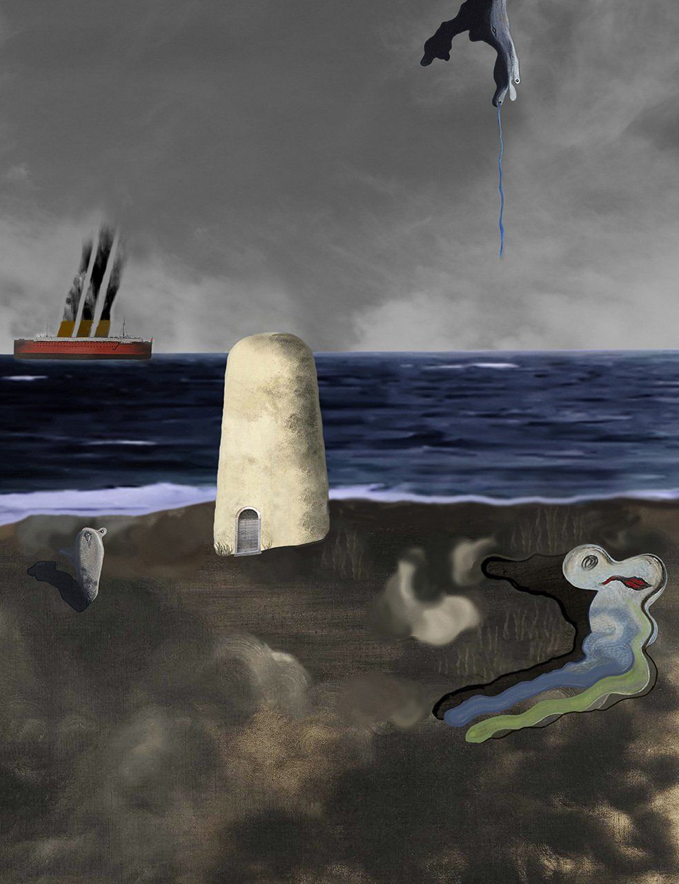 Landschaft mit Wasser und Schiff, surreal