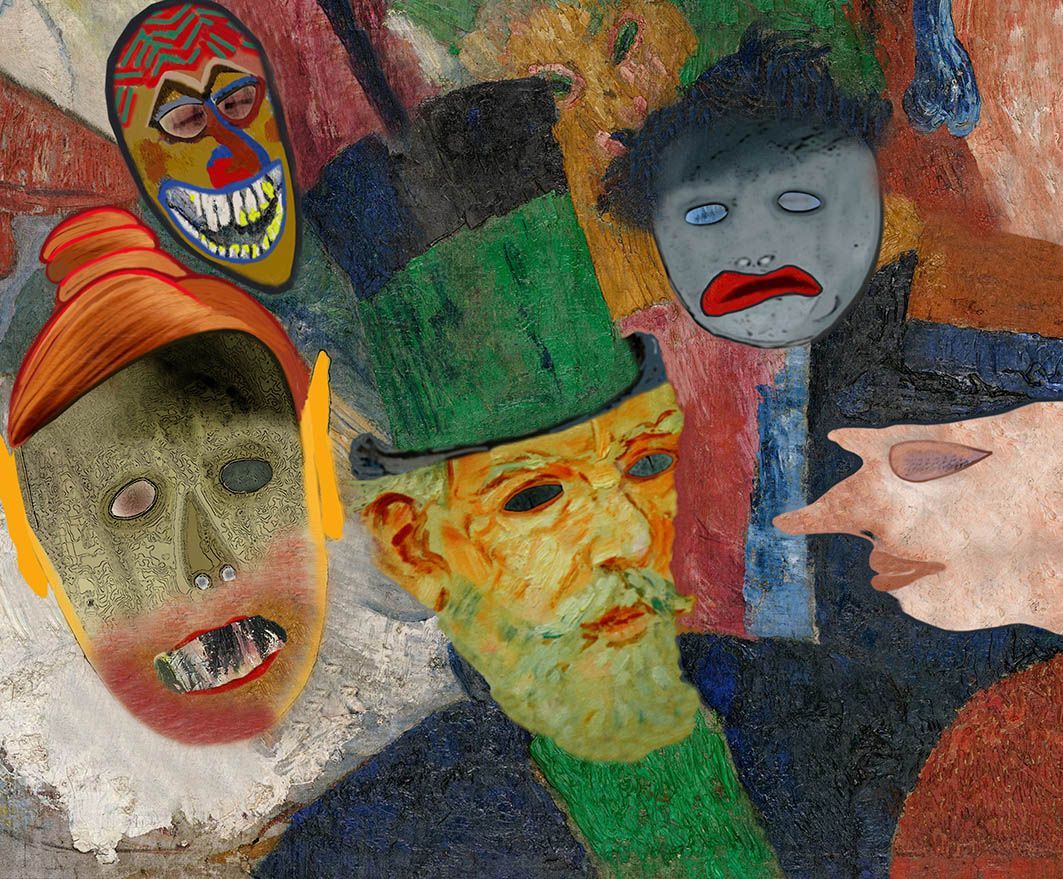 Das verfremdete Selbstportrait James Ensors mit von mir geschaffenen Masken umgeben.