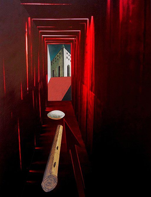 Schmaler Gang in rötlichen Tönen mit Elementen aus de Chiricos Welt vor einem abgewandelten Bild von ihm