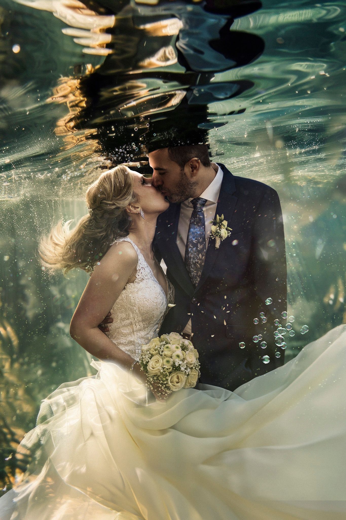Brautpaar küsst sich unter Wasser mit Brautstrauß, Hochzeitsfotograf für Uetersen