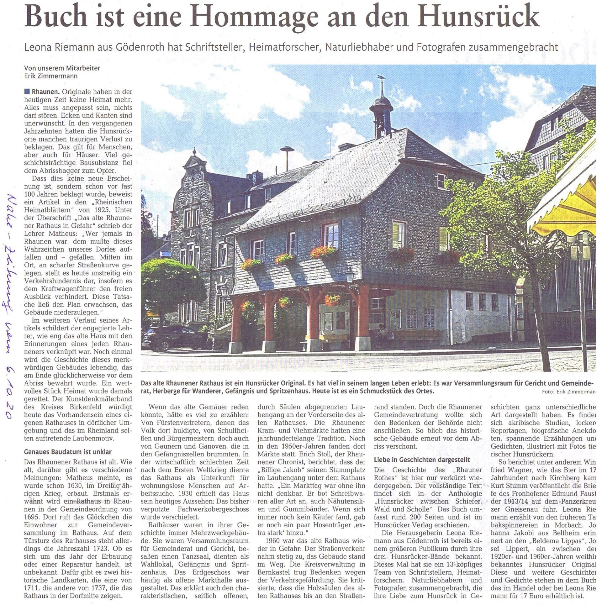 Nahe-Zeitung vom 6. Oktober 2020: Buch ist eine Hommage an den Hunsrück Eine (verkürzte) Studie von Erik Zimmermann über das Rhaunener Rathaus und die Anthologie