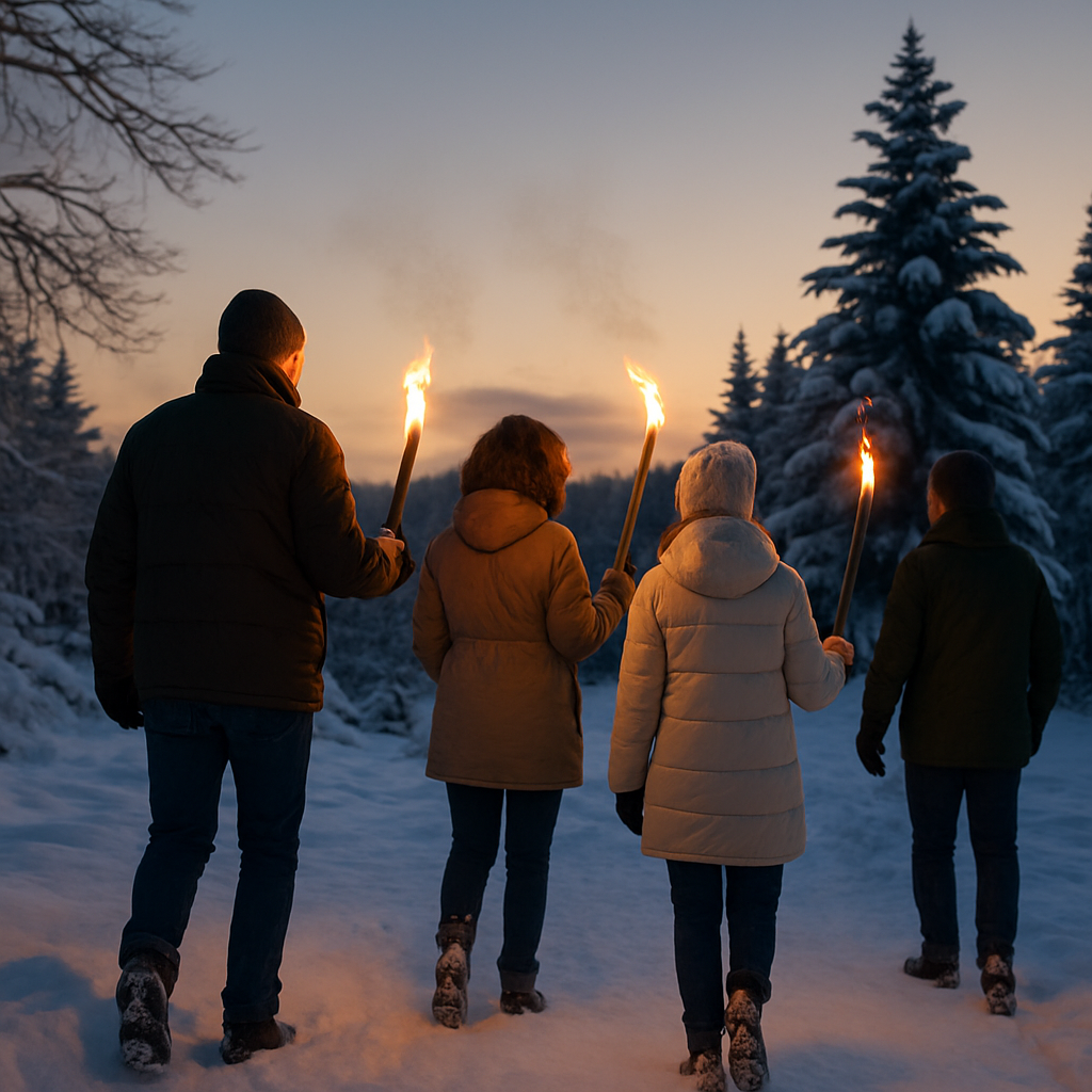 Fackelmarsch durch die verschneite Winterlandschaft auf der Schwäbischen Alb mit Glühweinempfang am Lagerfeuer im Zauberwald – stimmungsvolles Teamevent bei Speidel’s Braumanufaktur