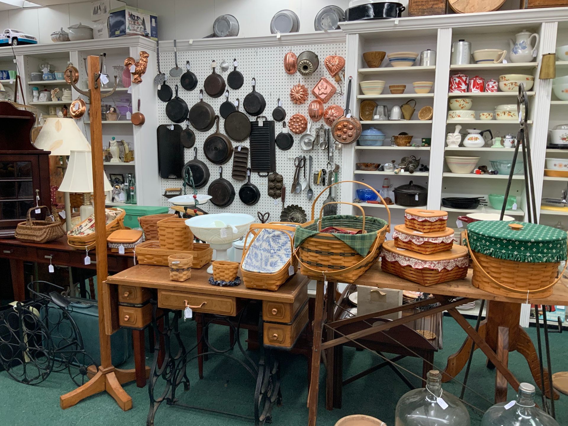 antique cast iron and baskets