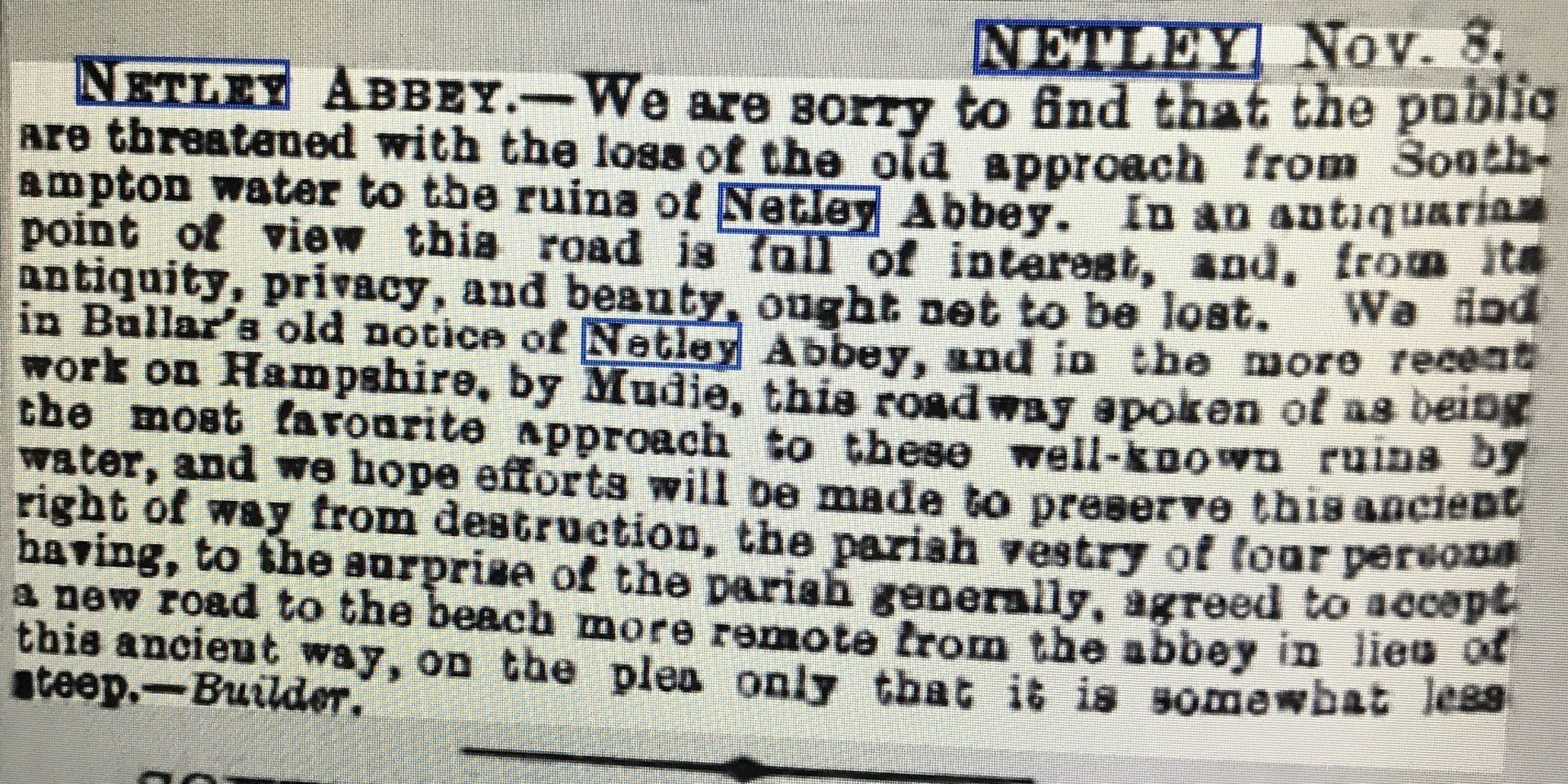 Road down to the sea at Netley Abbey closed off in 1876
