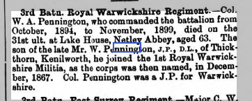 Colonel Wm Pennington Death at Netley Abbey