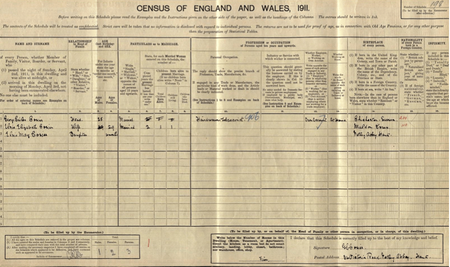 Received from family member Cosier, Meikle 1911 Census