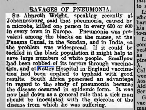 Typhoid Vaccination at Netley Professor Almroth Wright, late Netley on Smallpox
