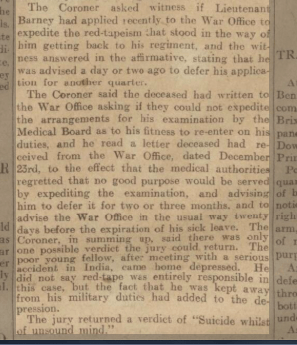 Sheffield Daily Telegraph 28/12/1912 Netley Hospital Suicide