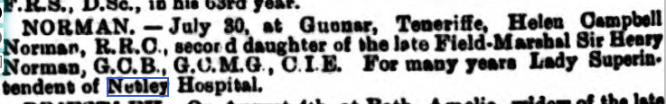Clifton Society 07/08/1913 Lady Superintendent at Netley Hospital
