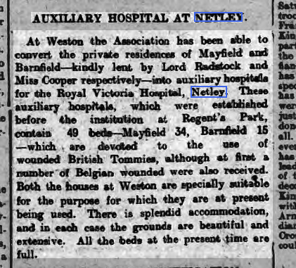Hampshire Advertiser 12/12/1914 Local Auxiliary Hospitals for Netley