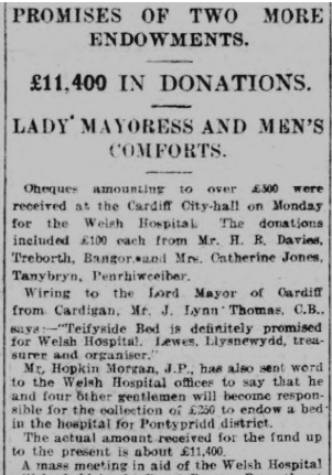 Western Mail 01/09/1914 Welsh Donations for Welsh Hospital at Netley