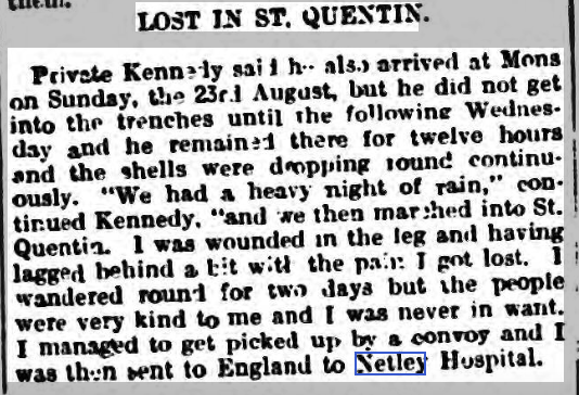 The Berwick Advertiser 02/10/1914 Battle of Mons Wound at Netley Hospital
