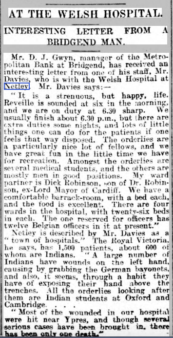 Western Mail 09/12/1914 Belgians at the Welsh Hospital, Netley
