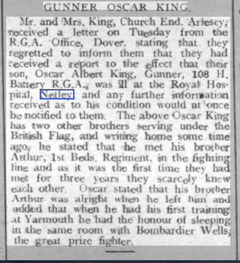Biggleswade Chronicle 16/10/1914 Gunner King at Netley Hospital
