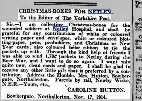 Yorkshire Post + Leeds Intelligencer 18/11/1914 Christmas Boxes for Netley Wounded