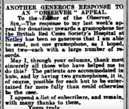 Hasting + St Leonard's Observer 19/12/1914 Gramophones for British Red Cross Hospital Netley
