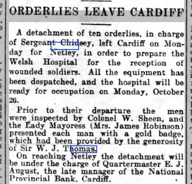 Western Mail 20/10/1914 Welsh Hospital at Netley 1914